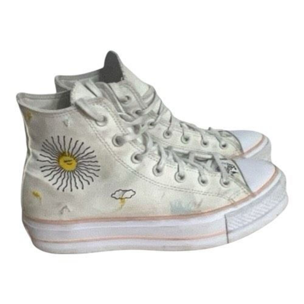 Converse Chuck Taylor All Star Lift High White Sun & Cloud Embroidered Shoes 9